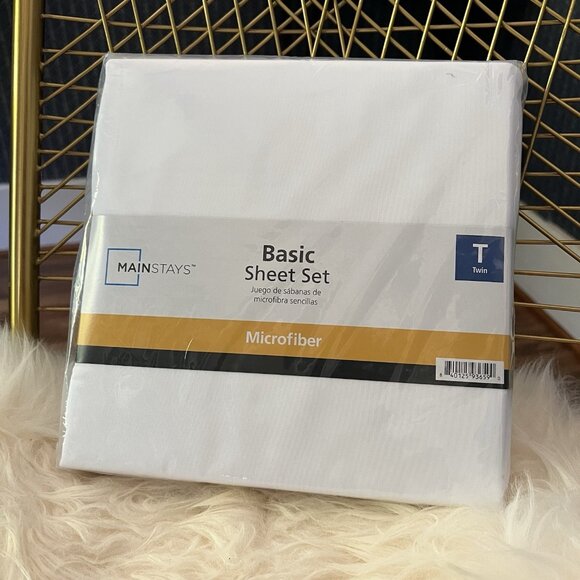 MAINSTAYS Twin Sheet Set Microfiber White 3 Piece Flat, Fitted, + Pillowcase - Picture 1 of 7